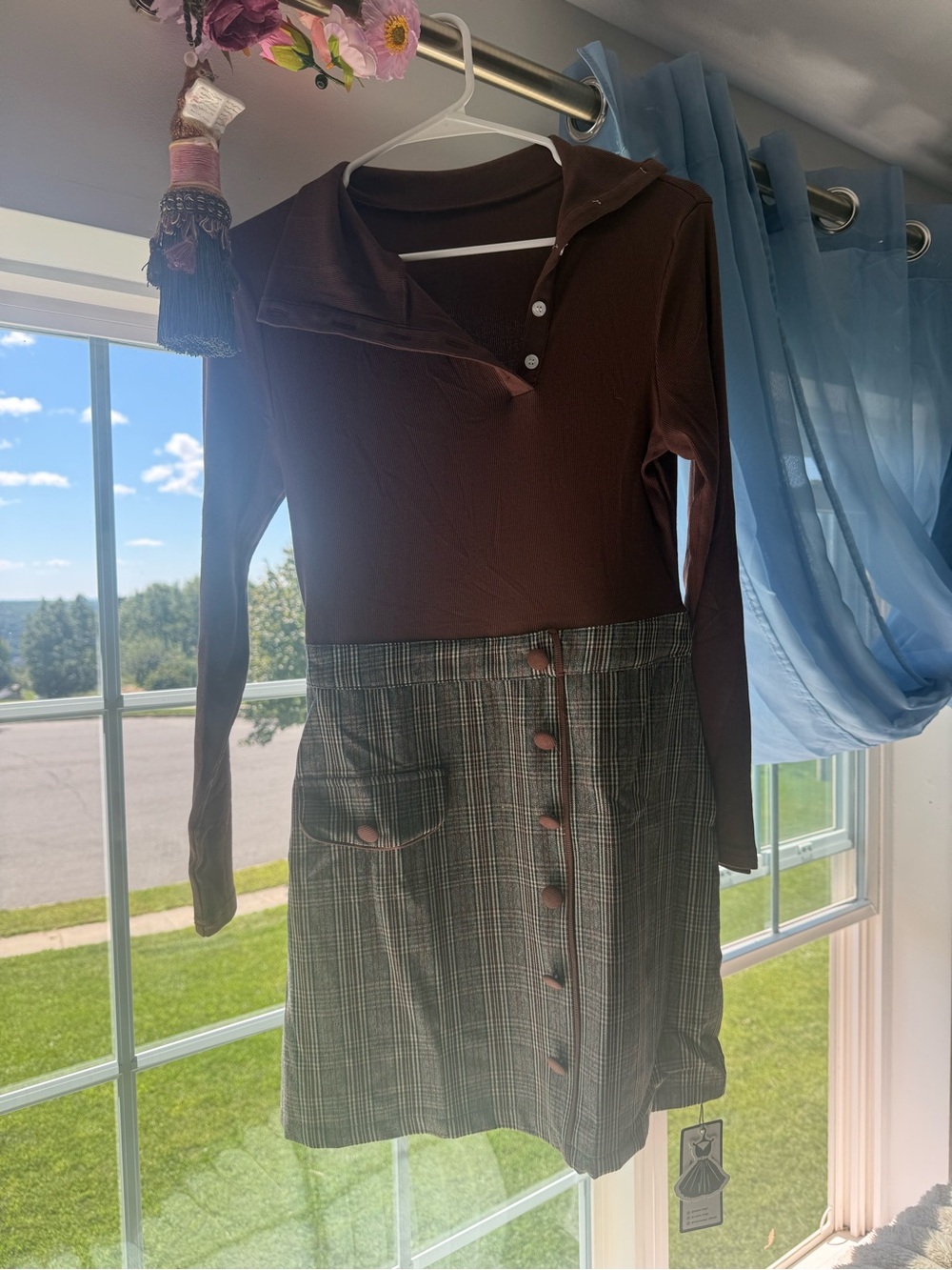 Brown Long-Sleeve Mini Dress with Plaid Button Skirt